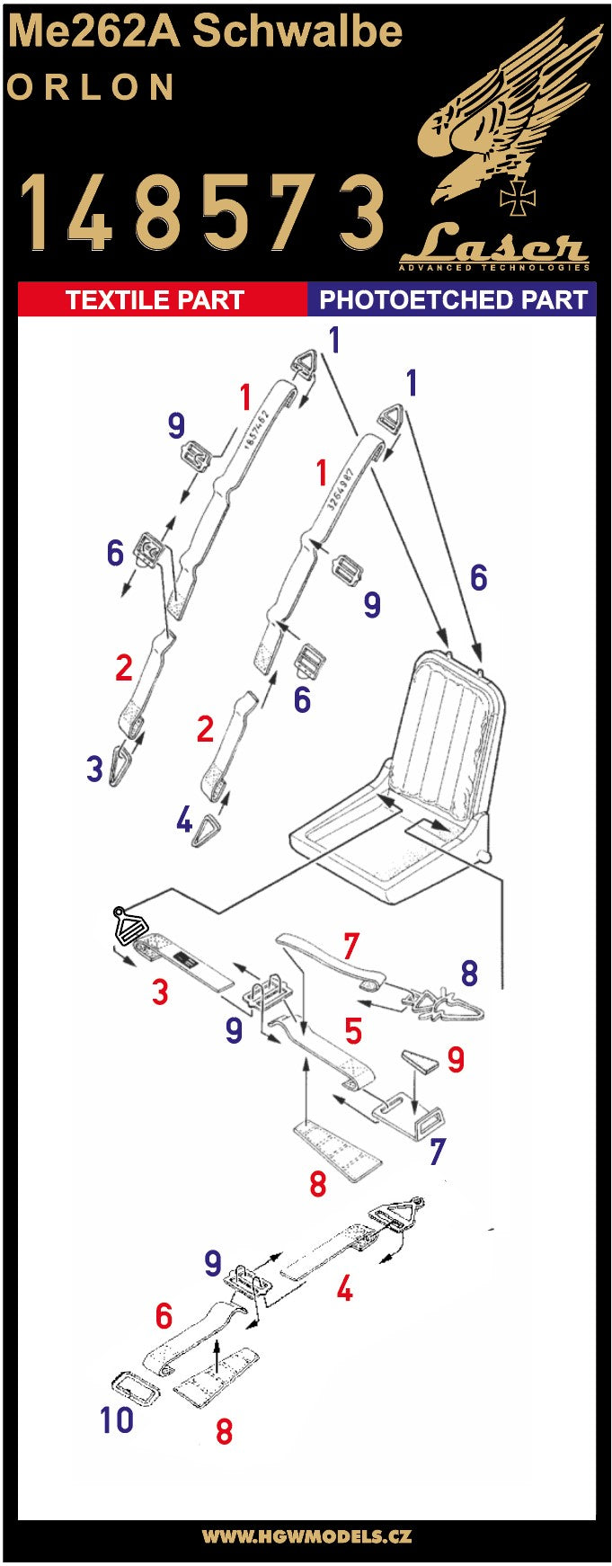 HGW 148573 1:48 Messerschmitt Me-262A Schwalbe (Orlon) Pre-Cut (Laser) Seatbelts