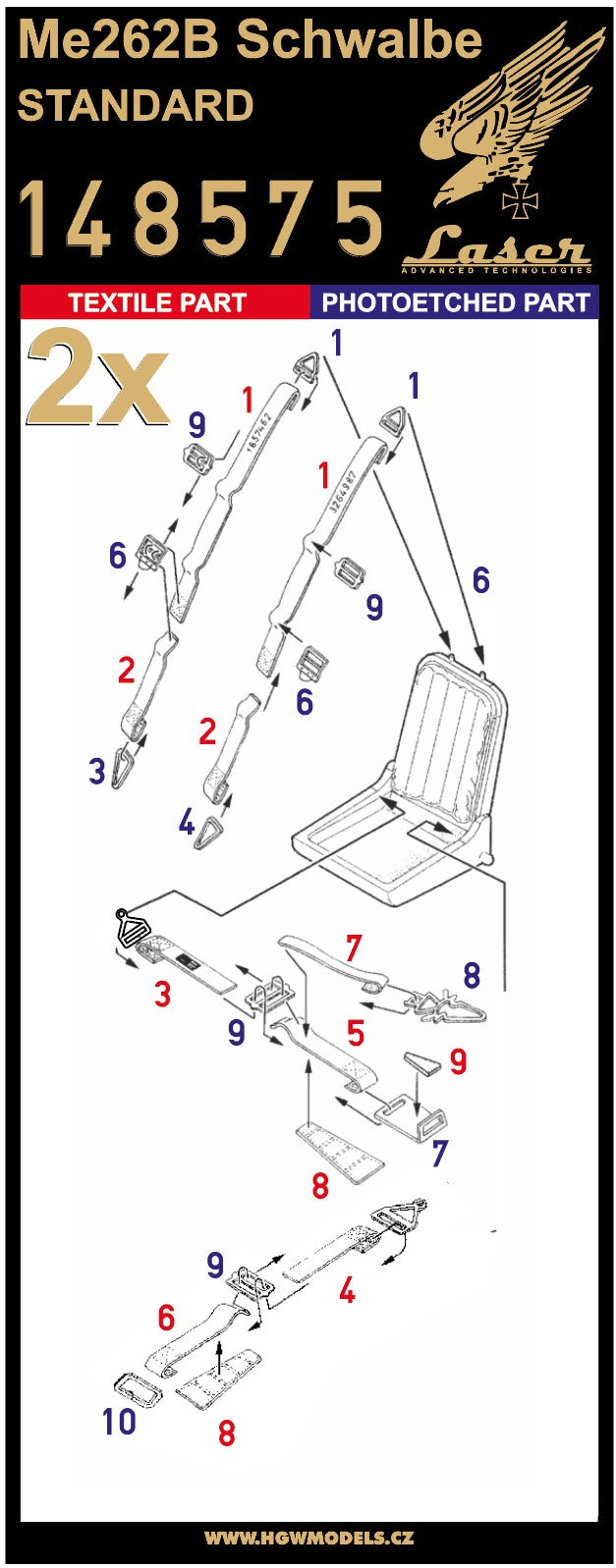 HGW 148575 1:48 Messerschmitt Me-262B Schwalbe (Standard) Pre-Cut (Laser) Seatbelts