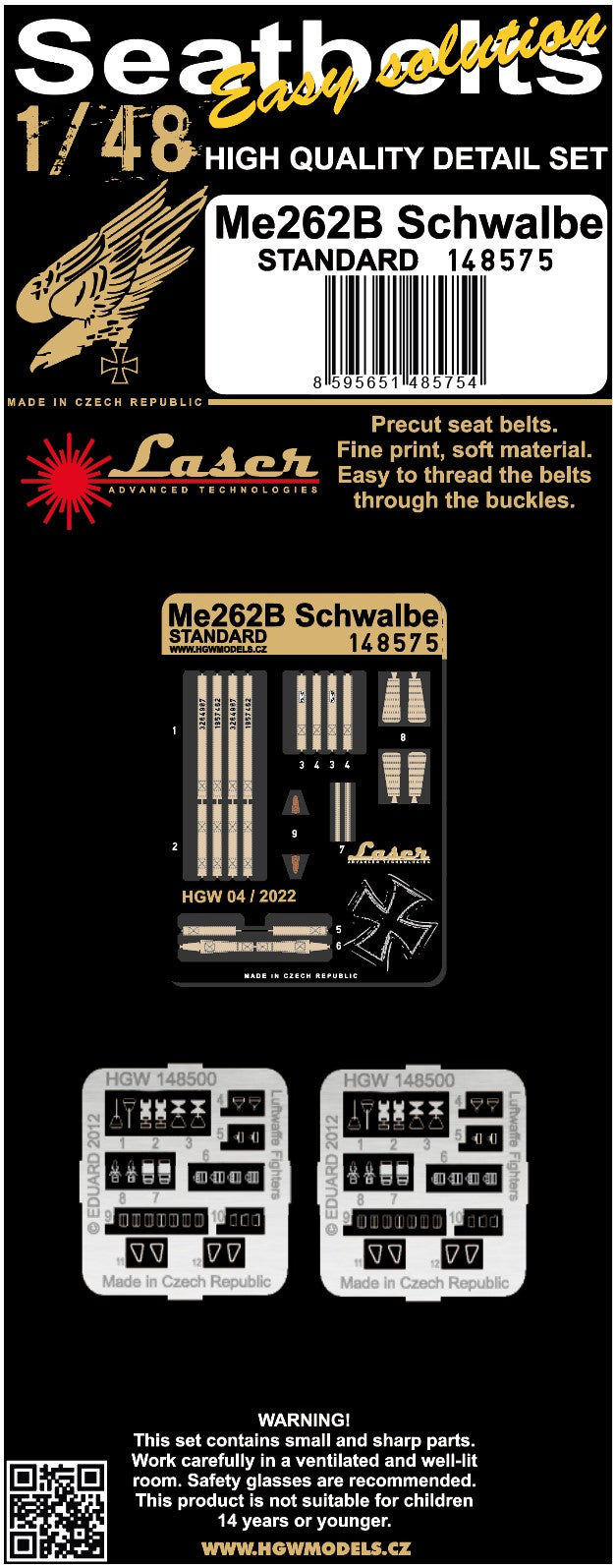 HGW 148575 1:48 Messerschmitt Me-262B Schwalbe (Standard) Pre-Cut (Laser) Seatbelts