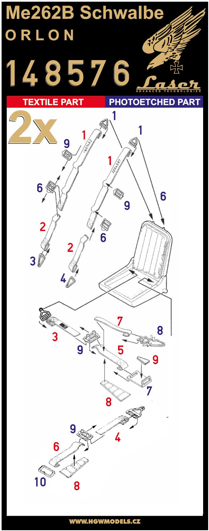 HGW 148576 1:48 Messerschmitt Me-262B Schwalbe (Orlon) Pre-Cut (Laser) Seatbelts