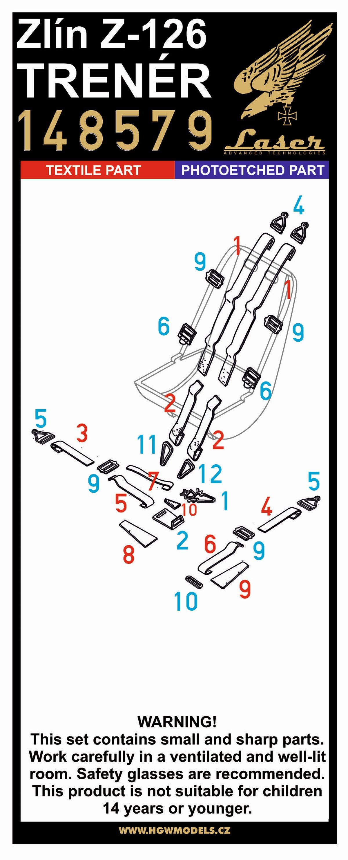 HGW 148579 1:48 Zlin Z-126 Trener pre-cut (laser) Seatbelts