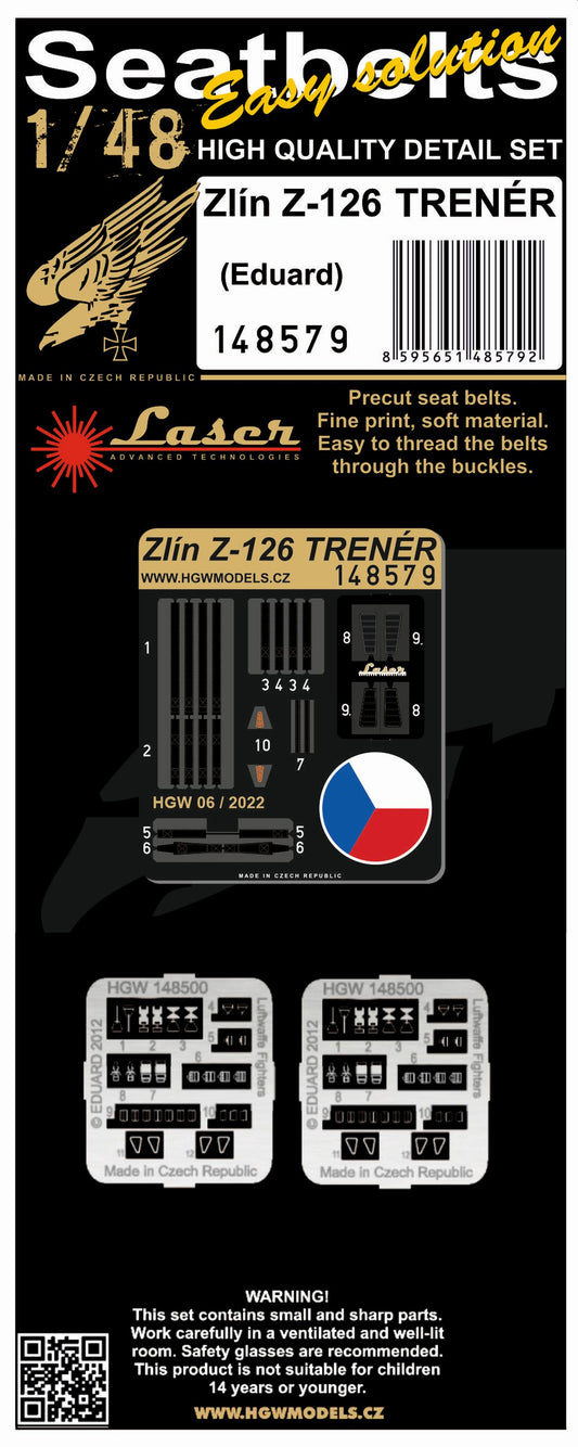 HGW 148579 1:48 Zlin Z-126 Trener pre-cut (laser) Seatbelts