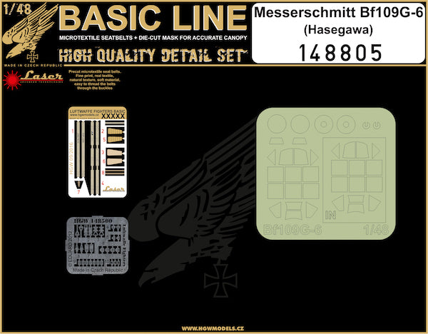 HGW 148805 1:48 Messerschmitt Bf-109G-6 BASIC LINE: Seatbelts, Buckles + Canopy Paint Masks