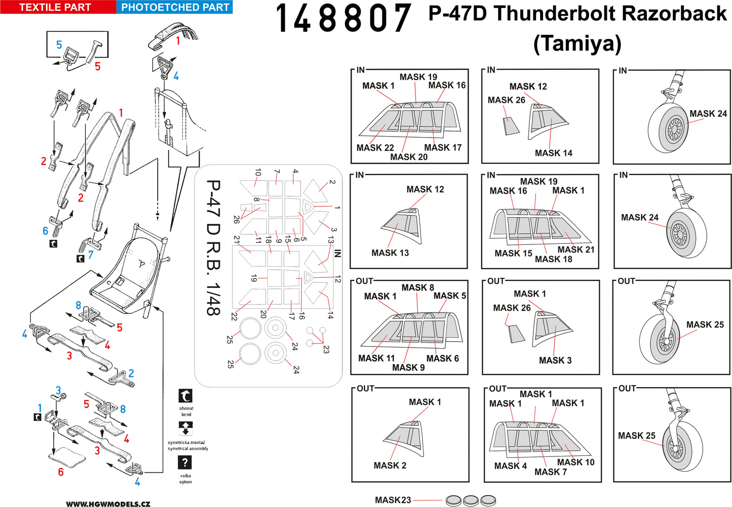 HGW 148807 1:48 Republic P-47D Thunderbolt Razorback BASIC LINE: Seatbelts, Buckles + Canopy Paint Masks