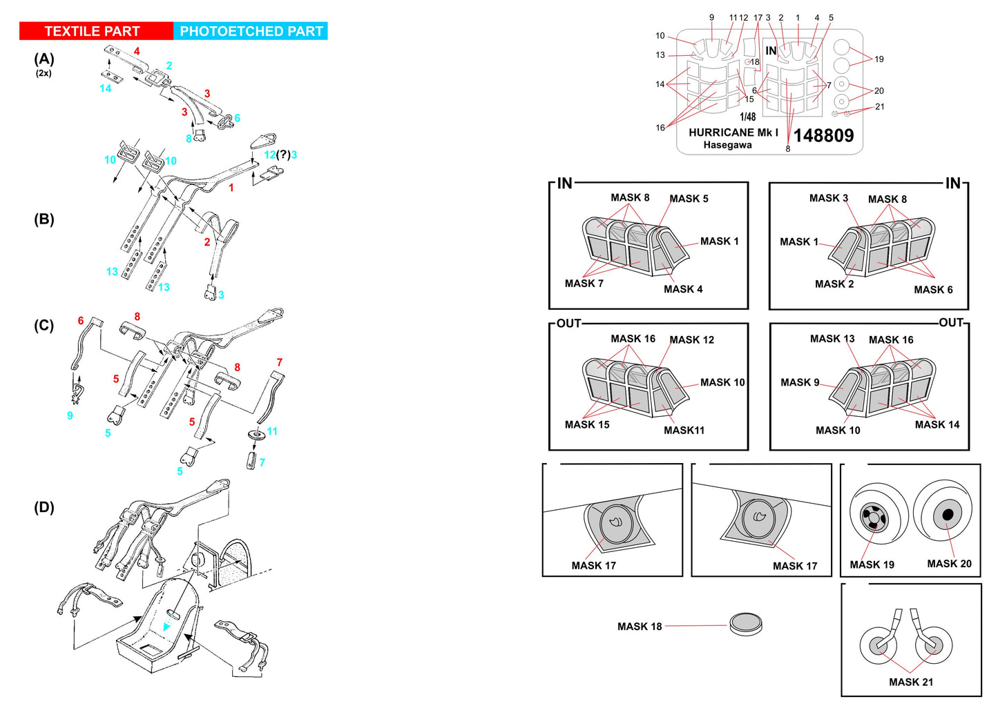 HGW 148809 1:48 Hawker Hurricane Mk.I/Mk.II BASIC LINE: Seatbelts + Canopy Paint Masks