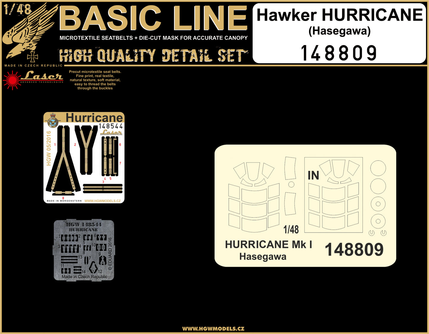 HGW 148809 1:48 Hawker Hurricane Mk.I/Mk.II BASIC LINE: Seatbelts + Canopy Paint Masks