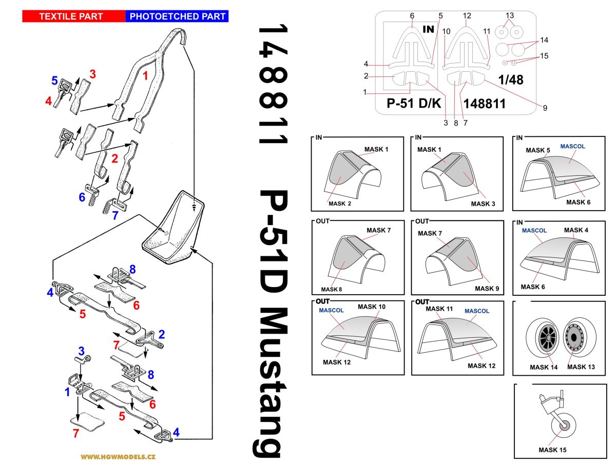 HGW 148811 1:48 North-American P-51D Mustang BASIC LINE: Seatbelts + Canopy Paint Masks