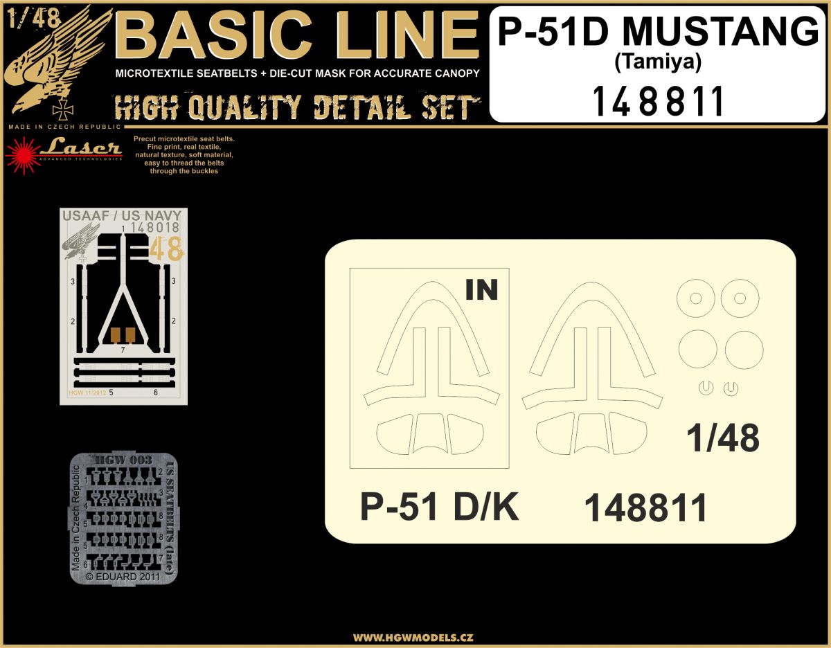 HGW 148811 1:48 North-American P-51D Mustang BASIC LINE: Seatbelts + Canopy Paint Masks