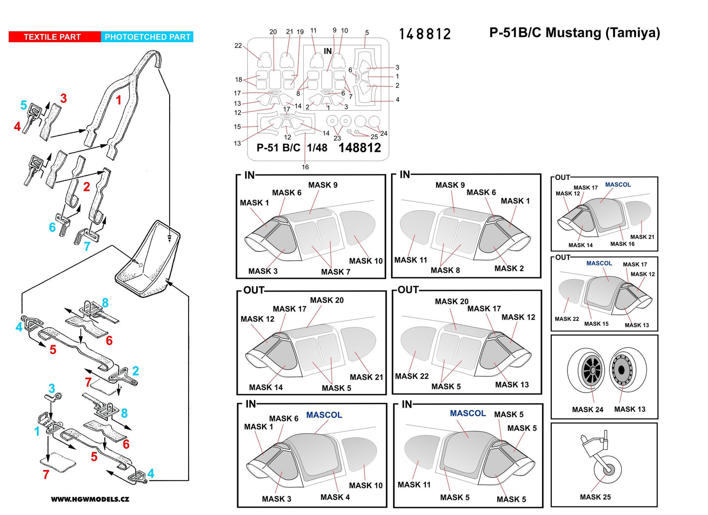 HGW 148812 1:48 North-American P-51B/P-51C Mustang BASIC LINE: Seatbelts + Canopy Paint Masks