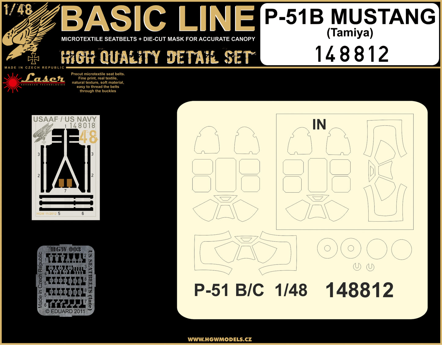 HGW 148812 1:48 North-American P-51B/P-51C Mustang BASIC LINE: Seatbelts + Canopy Paint Masks