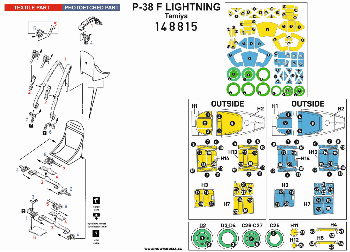 HGW 148815 1:48 Lockheed P-38F/G Lightning BASIC LINE: Seatbelts, Wheels + Canopy Paint Masks