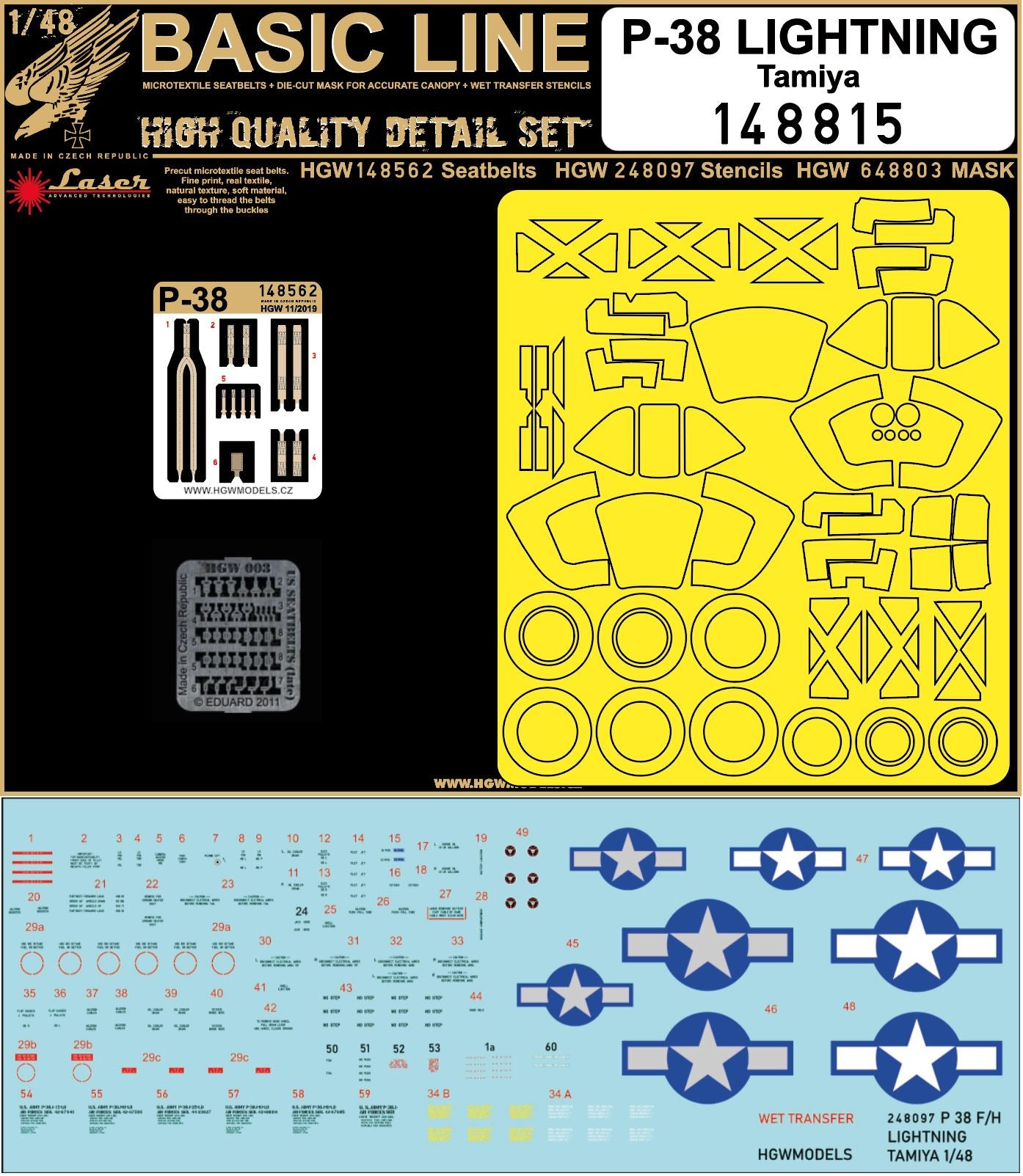 HGW 148815 1:48 Lockheed P-38F/G Lightning BASIC LINE: Seatbelts, Wheels + Canopy Paint Masks