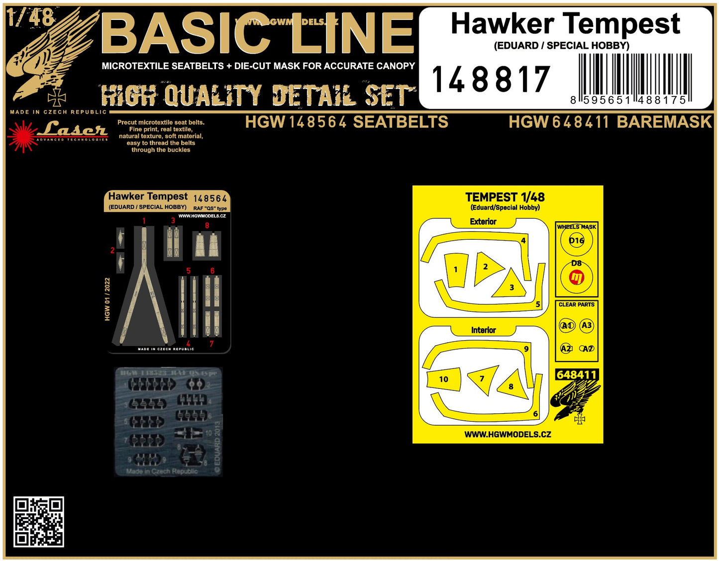 HGW 148817 1:48 Hawker Tempest BASIC LINE: Seatbelts, Wheels + Canopy Paint Masks