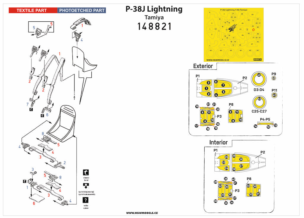 HGW 148821 1:48 Lockheed P-38J Lightning BASIC LINE: Seatbelts, Wheels + Canopy Paint Masks