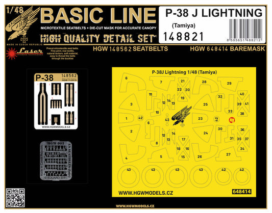 HGW 148821 1:48 Lockheed P-38J Lightning BASIC LINE: Seatbelts, Wheels + Canopy Paint Masks