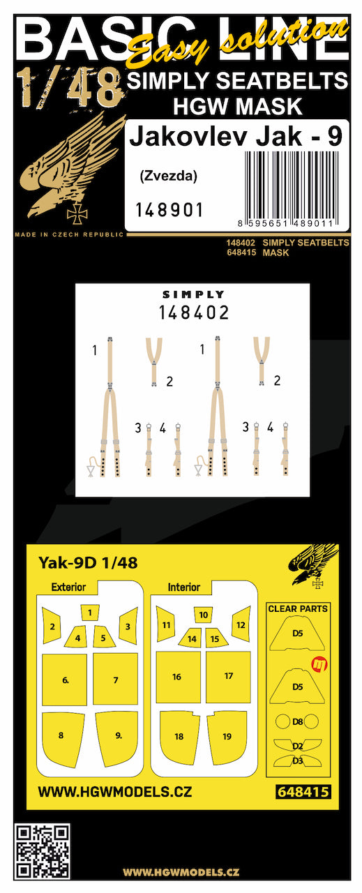 HGW 148901 1:48 Yakovlev Yak-9 BASIC LINE: Simply Belts + Canopy Paint Masks