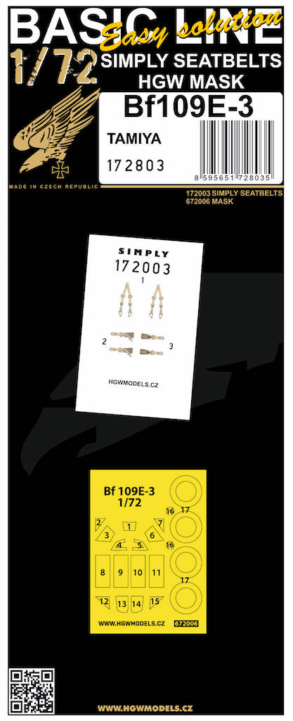 HGW 172803 1:72 Messerschmitt Bf-109E-3 BASIC LINE: Seatbelts + Masks