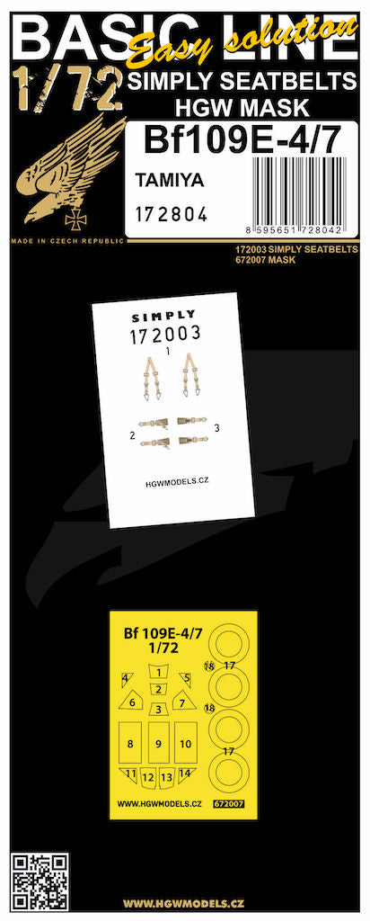 HGW 172804 1:72 Messerschmitt Bf-109E-4/7 BASIC LINE: Seatbelts + Paint Masks