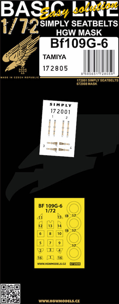 HGW 172805 1:72 Messerschmitt Bf-109G-6 BASIC LINE: Seatbelts + Masks