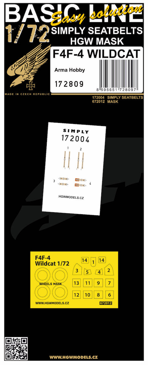 HGW 172809 1:72 Grumman F4F-4 Wildcat BASIC LINE: Seatbelts + Masks