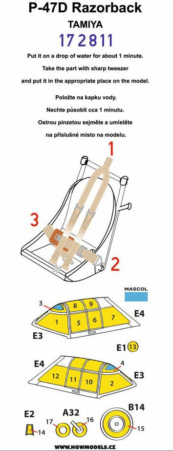 HGW 172811 1:72 P-47D Razorback seatbelts and canopy/wheels paint mask