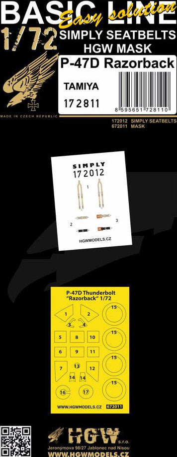 HGW 172811 1:72 P-47D Razorback seatbelts and canopy/wheels paint mask