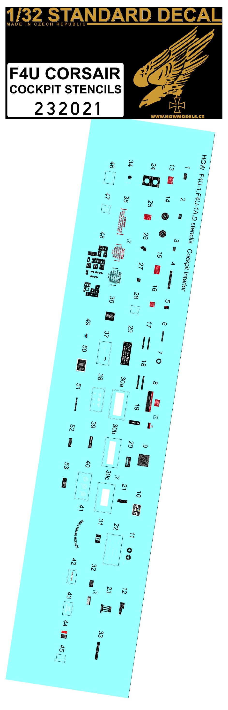 HGW 232021 1:32 Vought F4U-1A/U-4 Corsair Cockpit Stencils Standard Decal (Not a Wet Transfer)