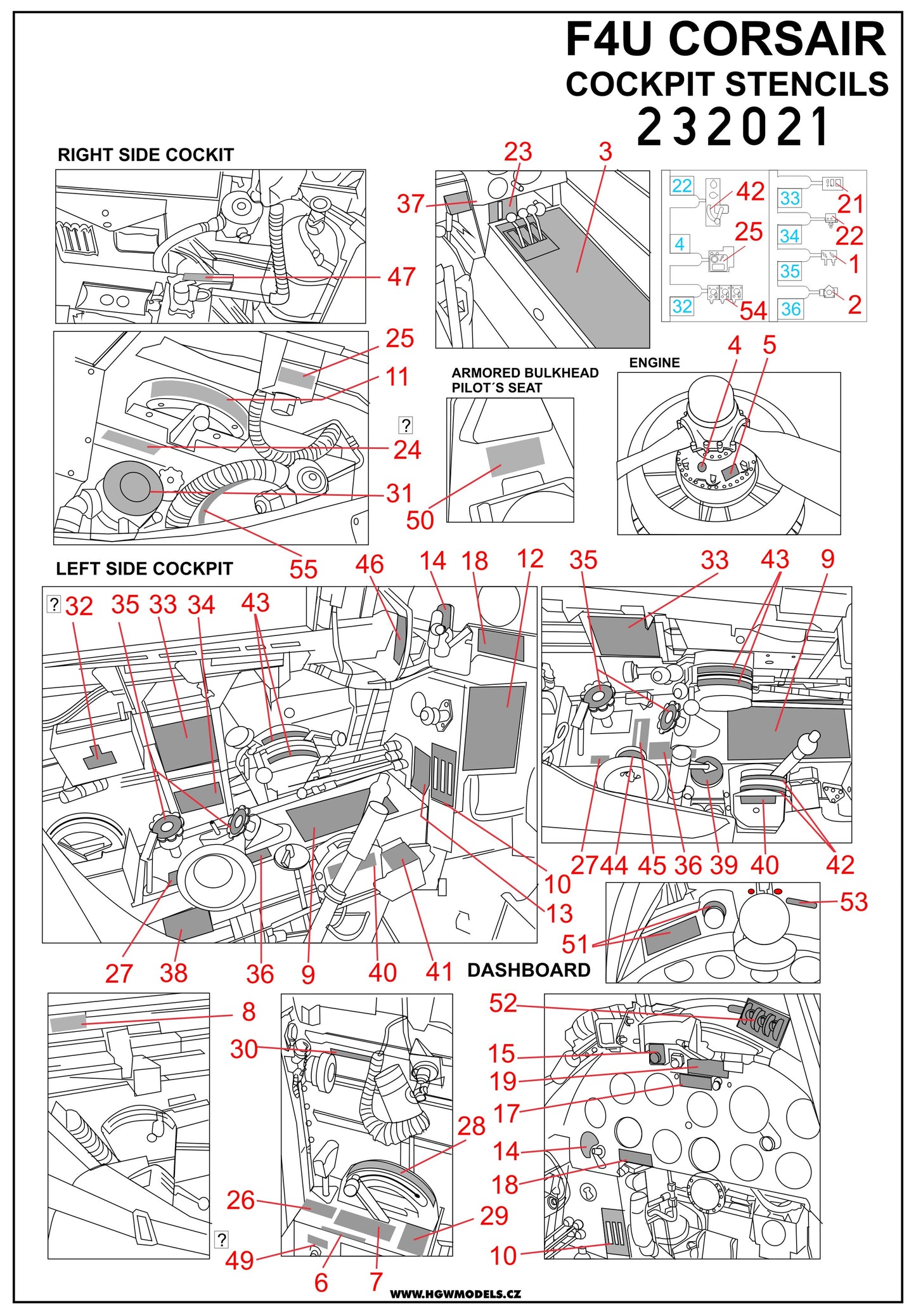 HGW 232021 1:32 Vought F4U-1A/U-4 Corsair Cockpit Stencils Standard Decal (Not a Wet Transfer)