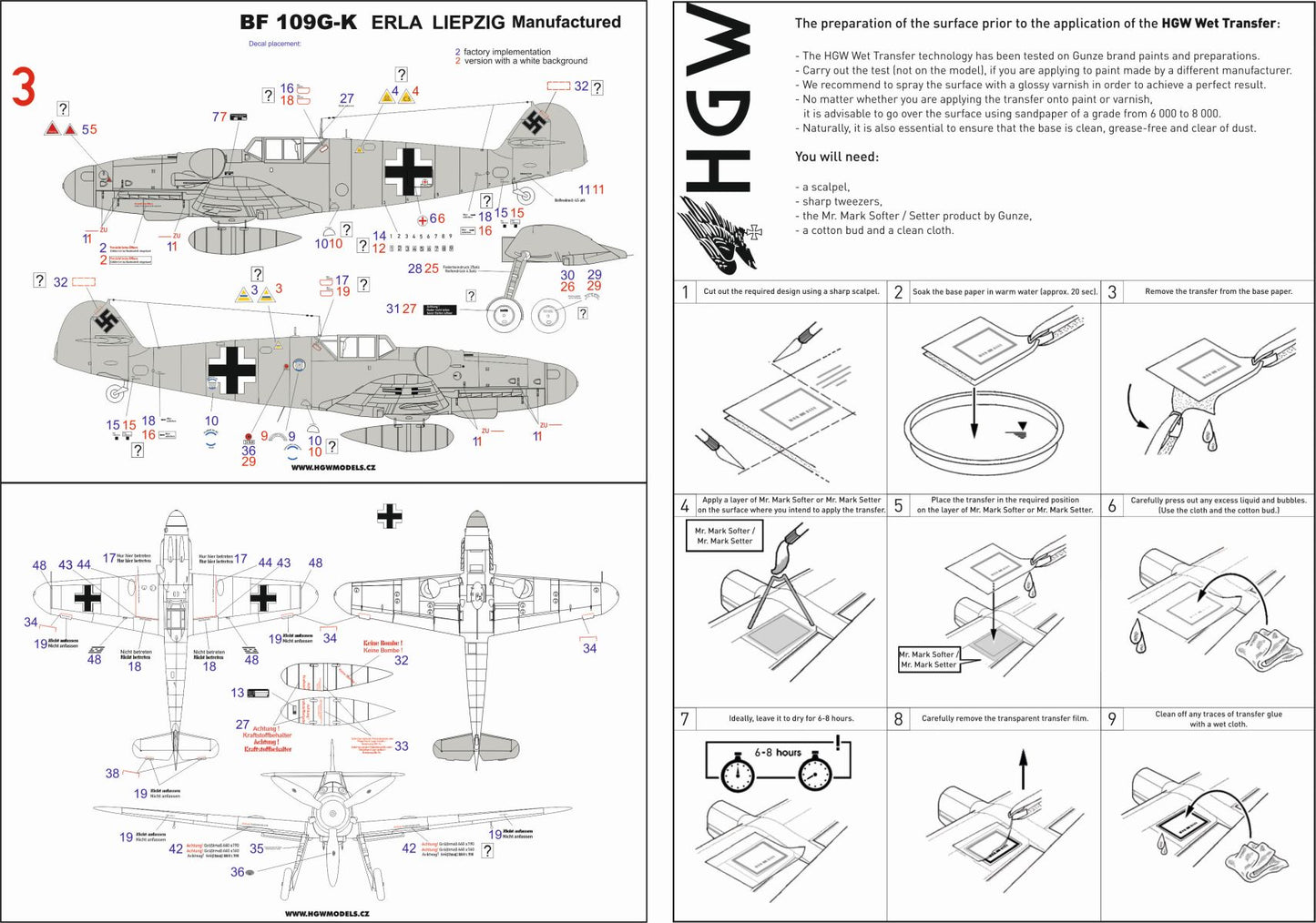 HGW 232044 1:32 Messerschmitt Bf-109G/K - Stencils Part I Wet Transfers