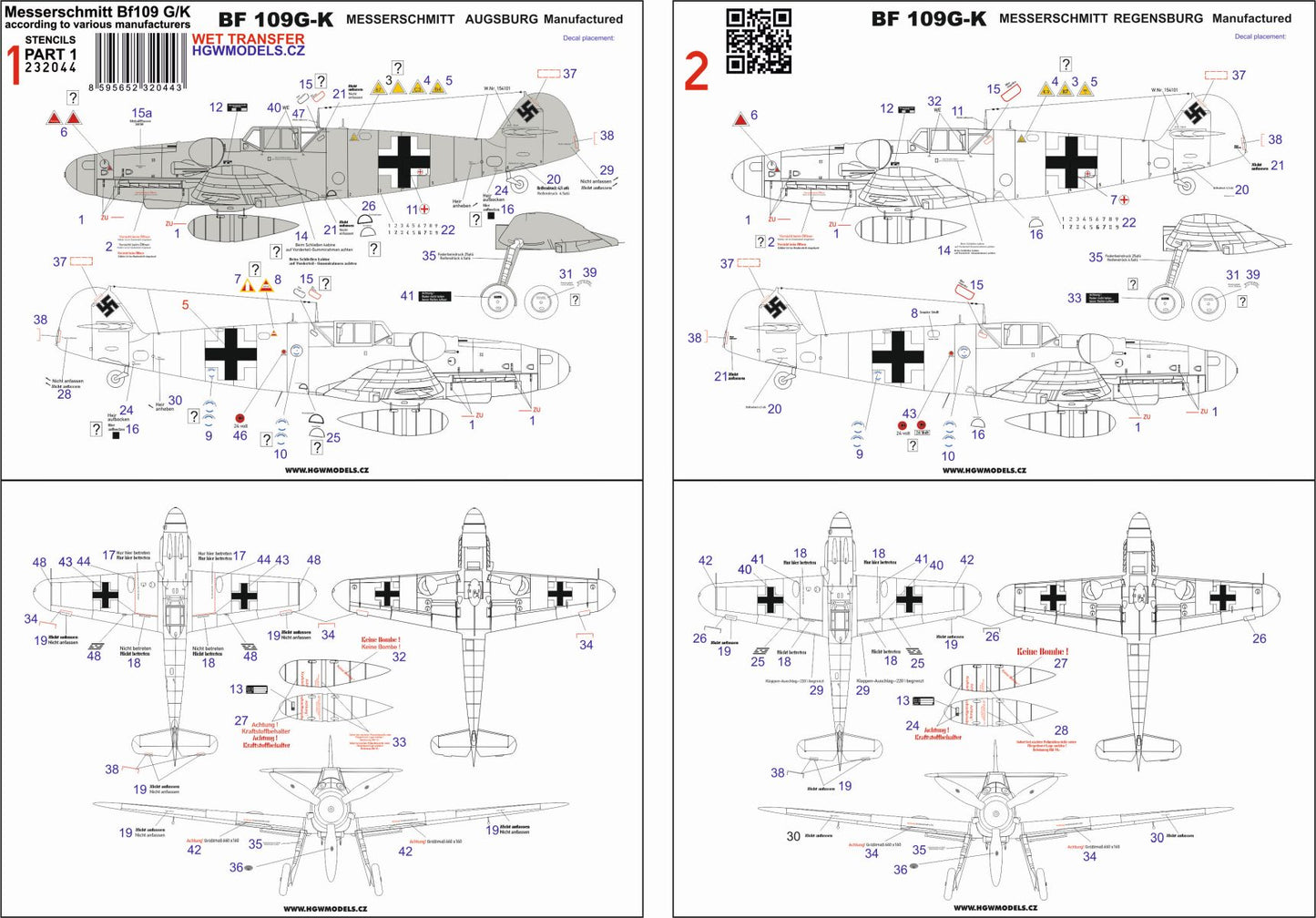 HGW 232044 1:32 Messerschmitt Bf-109G/K - Stencils Part I Wet Transfers