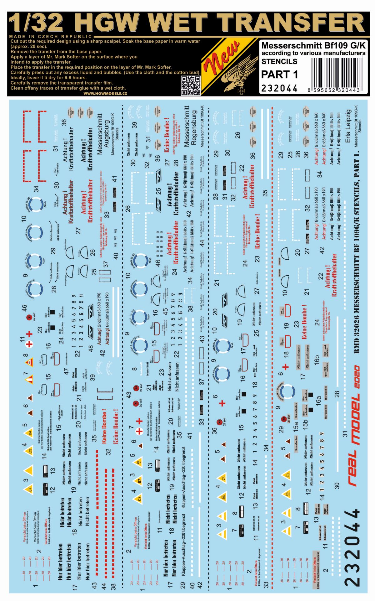 HGW 232044 1:32 Messerschmitt Bf-109G/K - Stencils Part I Wet Transfers