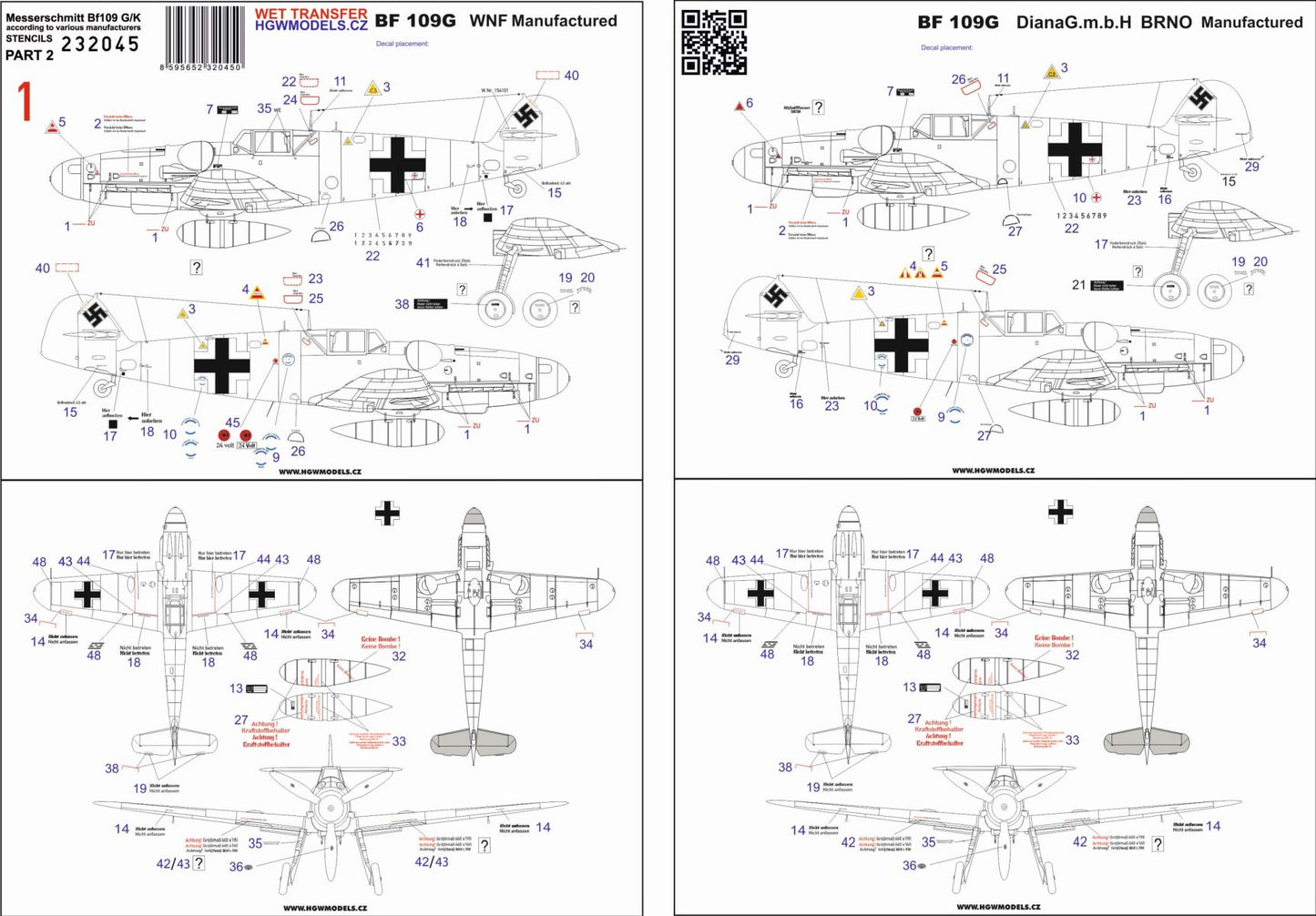 HGW 232045 1:32 Messerschmitt Bf-109G/K - Stencils Part II