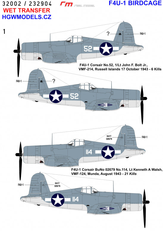 HGW 232904 1:32 Vought F4U-1A Corsair Aces Birdcage Wet Transfers