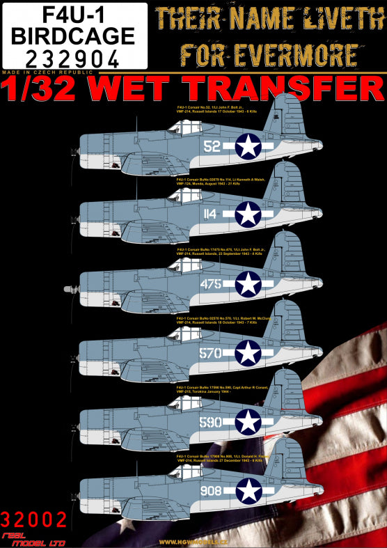 HGW 232904 1:32 Vought F4U-1A Corsair Aces Birdcage Wet Transfers