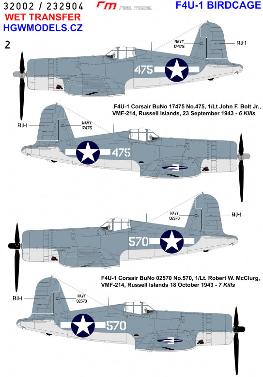 HGW 232904 1:32 Vought F4U-1A Corsair Aces Birdcage Wet Transfers