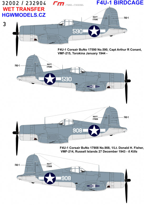 HGW 232904 1:32 Vought F4U-1A Corsair Aces Birdcage Wet Transfers