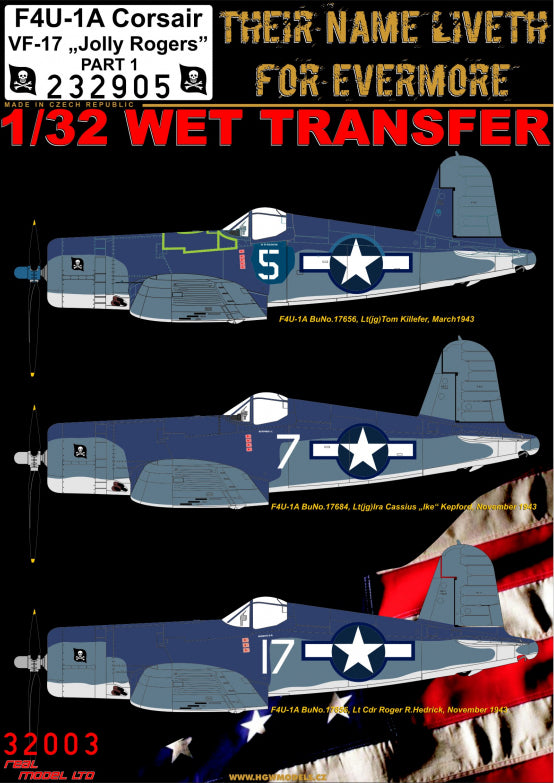 HGW 232905 1:32 Vought F4U-1A Corsair Jolly Rogers Wet Transfers