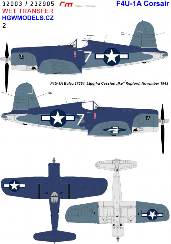 HGW 232905 1:32 Vought F4U-1A Corsair Jolly Rogers Wet Transfers