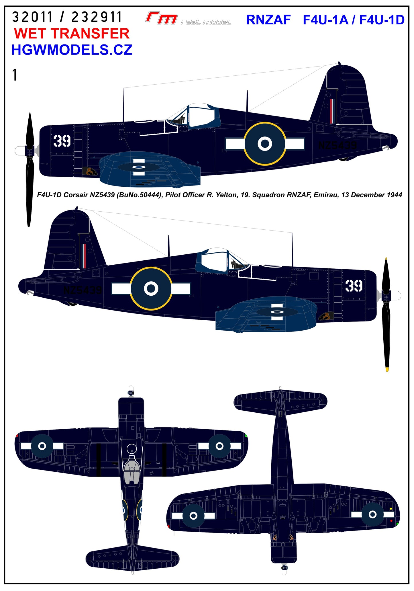 HGW 232911 1:32 RNZAF Vought F4U-1A / F4U-1D Corsair - Markings