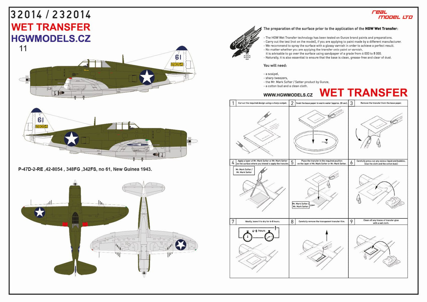 HGW 232914 1:32 Republic P-47D Thunderbolt Razorback Over New Guinea Pt.1 Markings