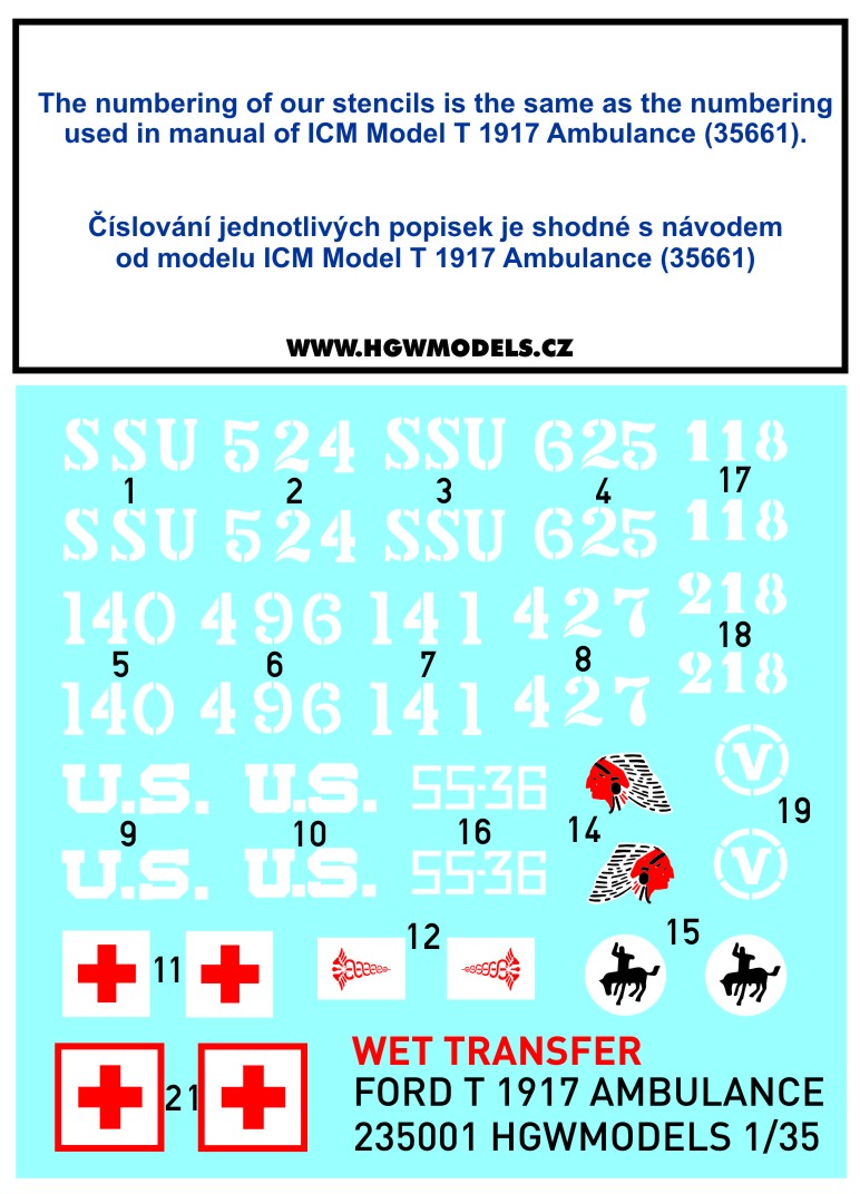 HGW 235001 1:35 Model T 1917 Ambulance Stencils Wet Transfers
