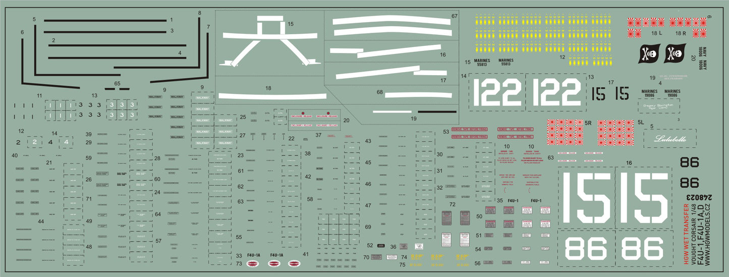 HGW 248023 1:48 Vought F4U Corsair Stencils Wet Transfers