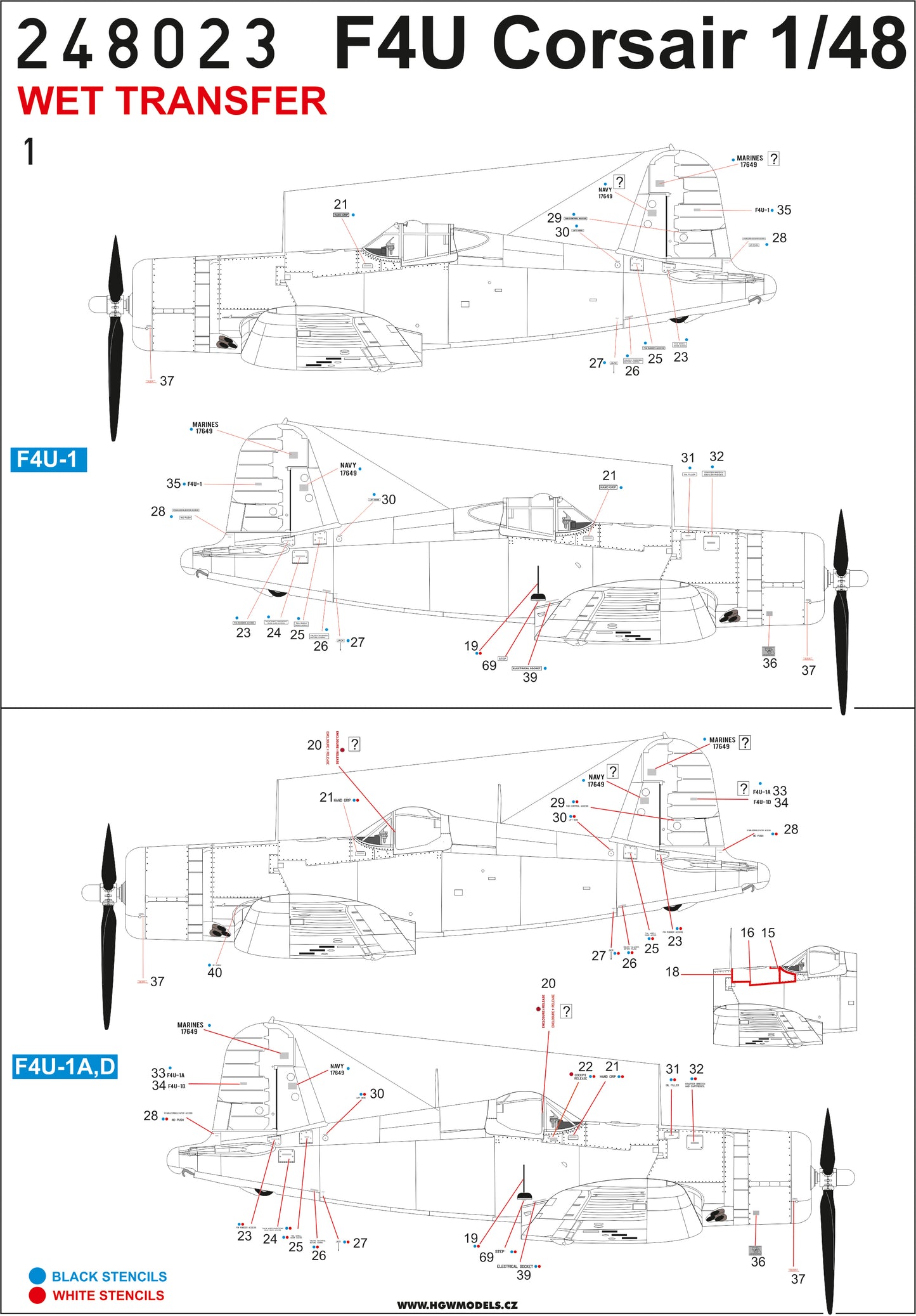 HGW 248023 1:48 Vought F4U Corsair Stencils Wet Transfers