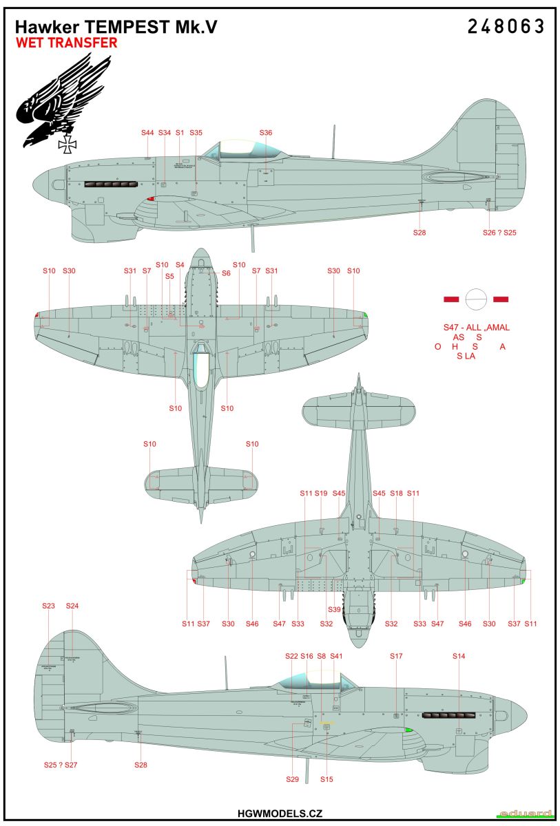 HGW 248063 1:48 Hawker Tempest Mk.V Stencils & National Insignia Roundels Wet Transfers