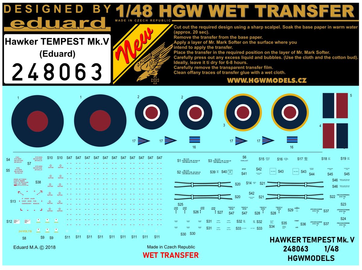 HGW 248063 1:48 Hawker Tempest Mk.V Stencils & National Insignia Roundels Wet Transfers