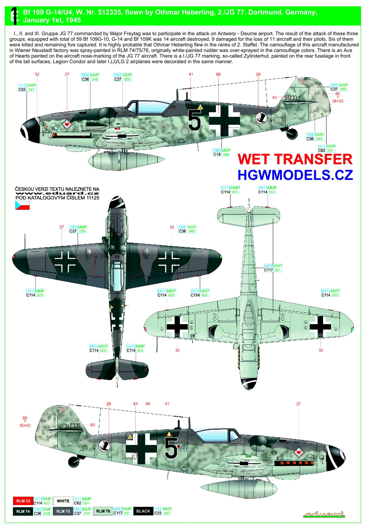 HGW 248069 1:48 Messerschmitt Bf-109G-14 (AS) - Markings Wet Transfers