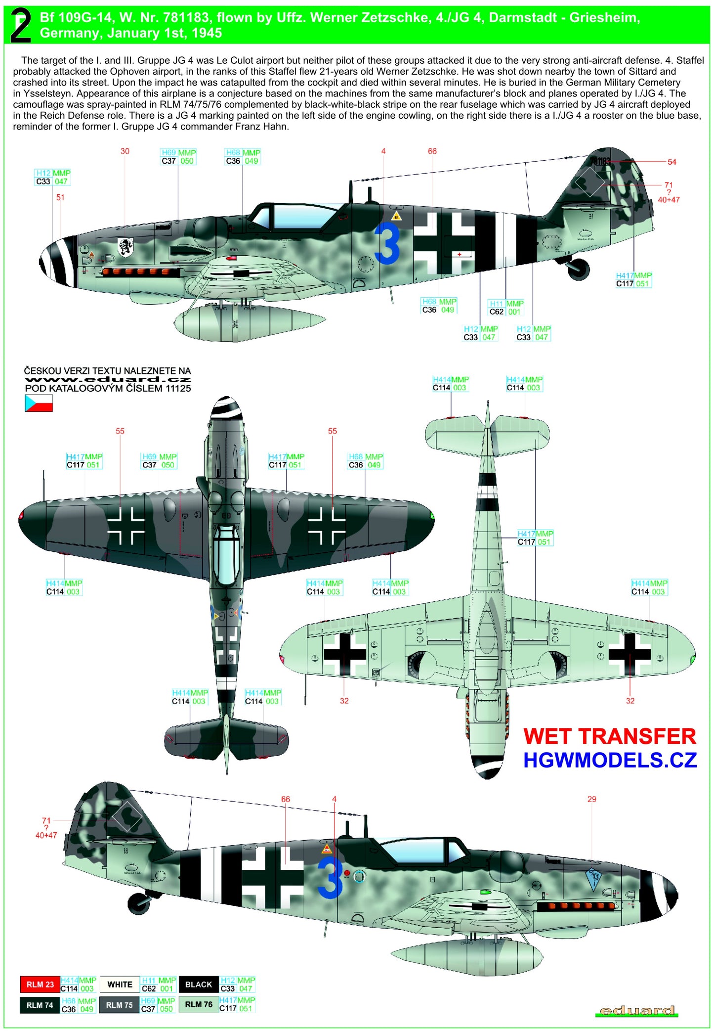 HGW 248069 1:48 Messerschmitt Bf-109G-14 (AS) - Markings Wet Transfers