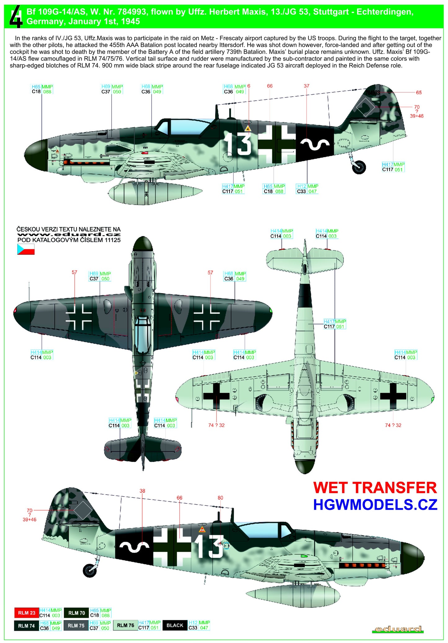 HGW 248069 1:48 Messerschmitt Bf-109G-14 (AS) - Markings Wet Transfers