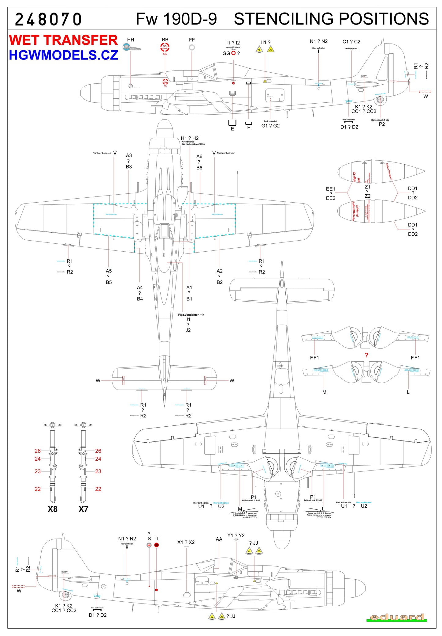 HGW 248070 1:48 Focke-Wulf Fw-190D-9 - Stencils Wet Transfers