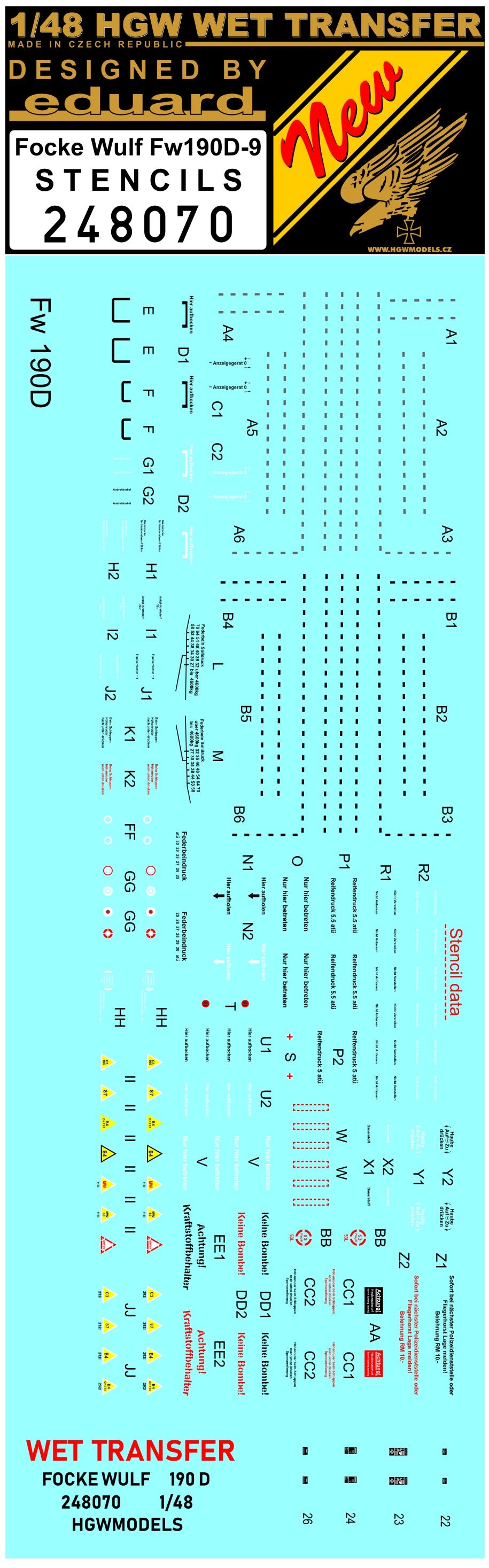 HGW 248070 1:48 Focke-Wulf Fw-190D-9 - Stencils Wet Transfers